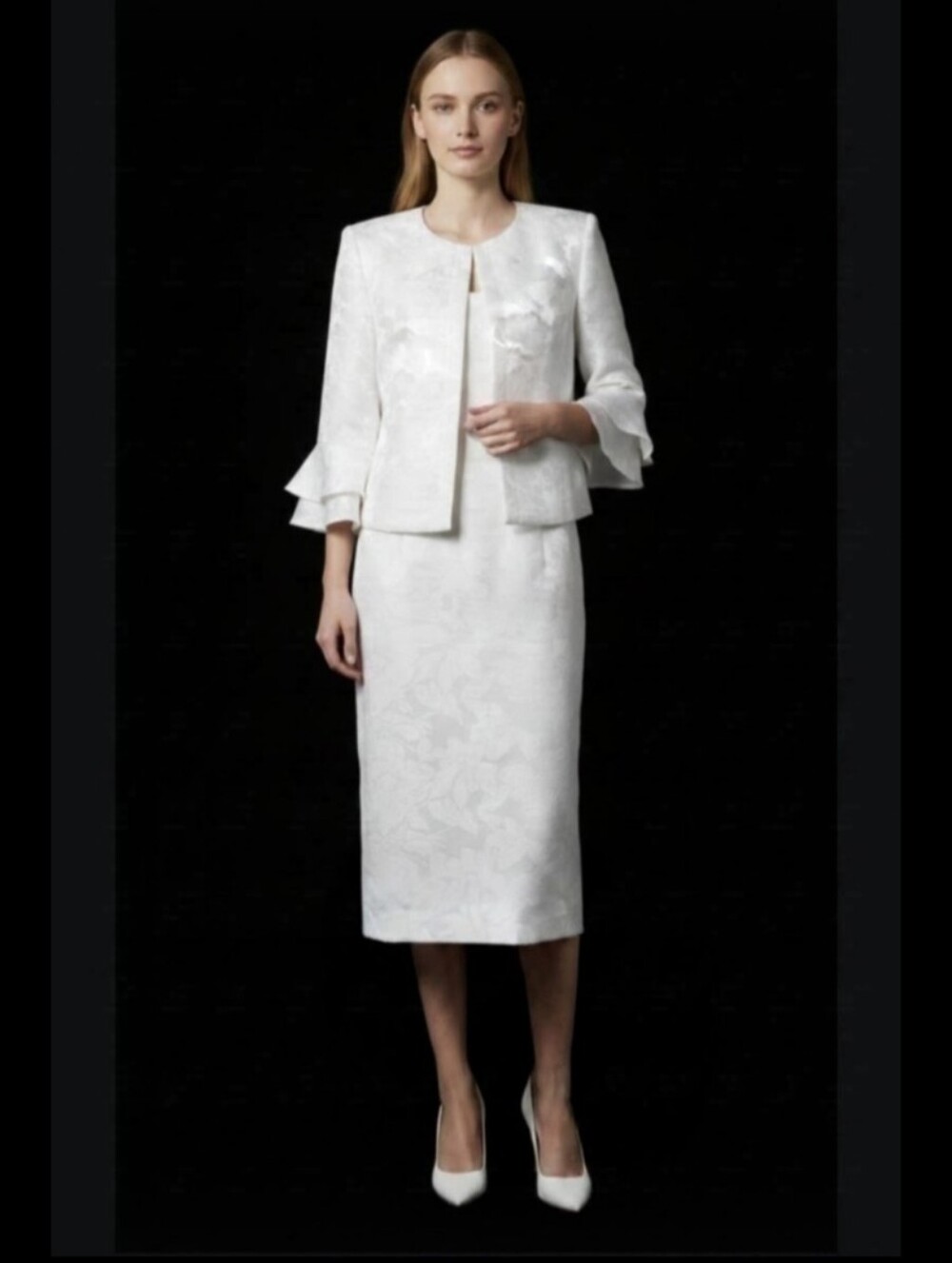 NWT! DANILLO! WHITE ON WHITE FLORAL SATIN 2 PC SLEEVLESS DRESS & JACKET SET! 12